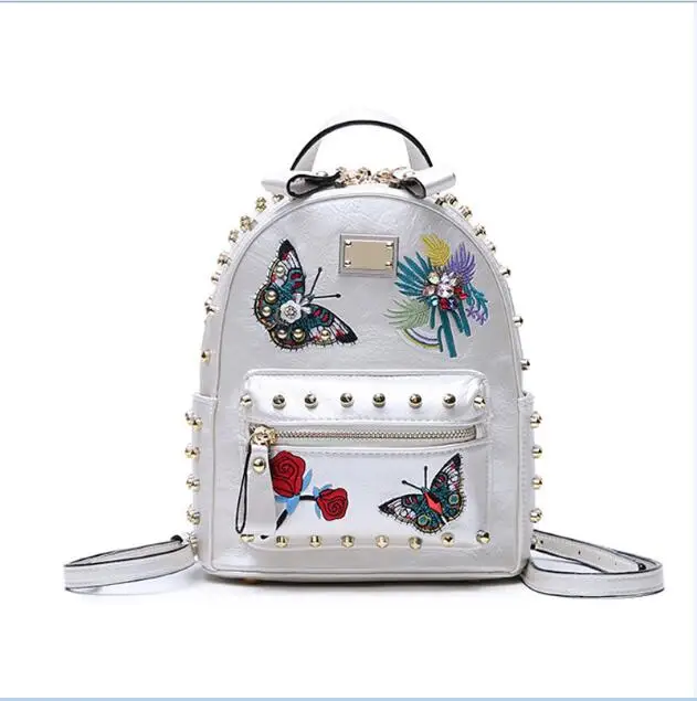 Новая желтая сумка на плечо с заклепками и бабочками, рюкзак с цветочной вышивкой, модная сумка для отдыха и путешествий, школьная сумка Y350 - Цвет: silver