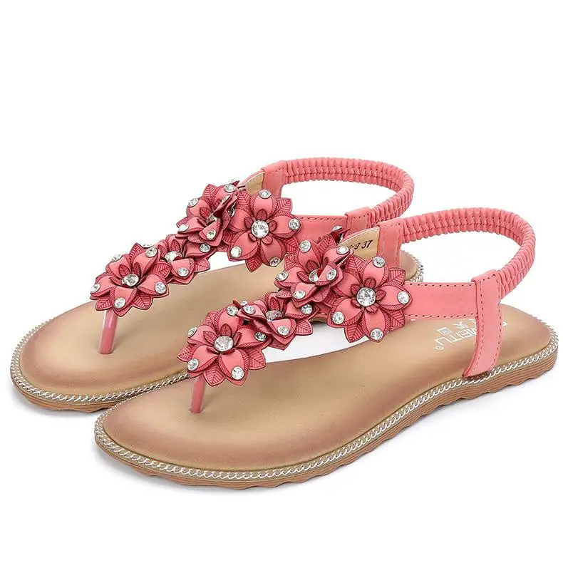 Womens Leather Flower Rhinestone Crystals Sandals Pink Summer Fashion ...