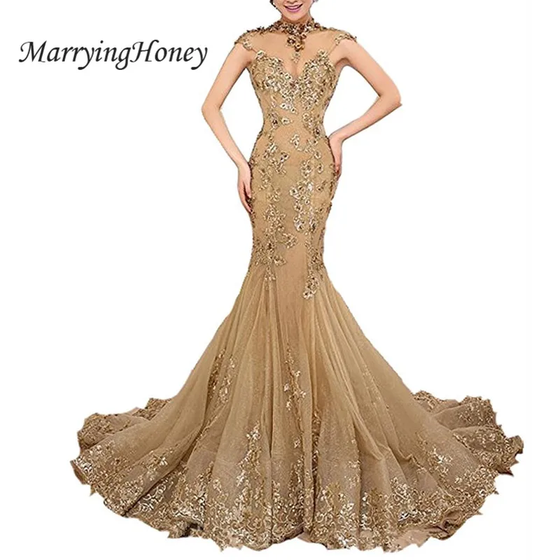 Сексуальное прозрачное вечернее платье с высокой горловиной и золотыми