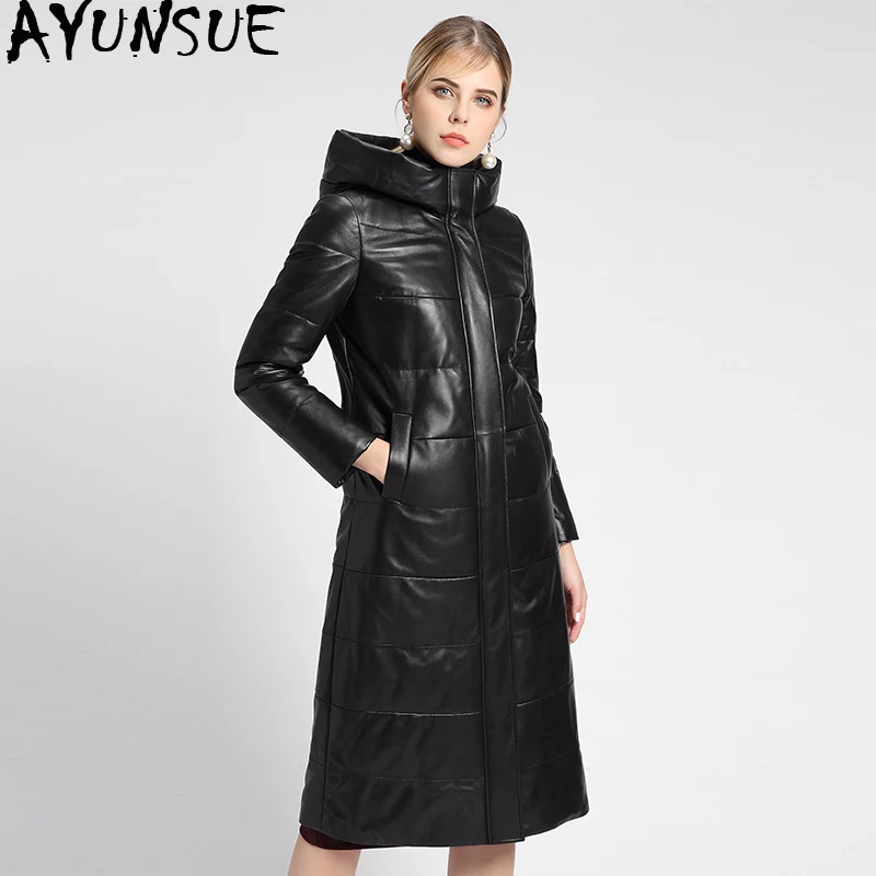 

Womans Genuine Leather Down Sheepskin Jacket Hooded Long Winter Jacket Women Duck Down Coat 2019 Jaqueta De Couro KJ2784