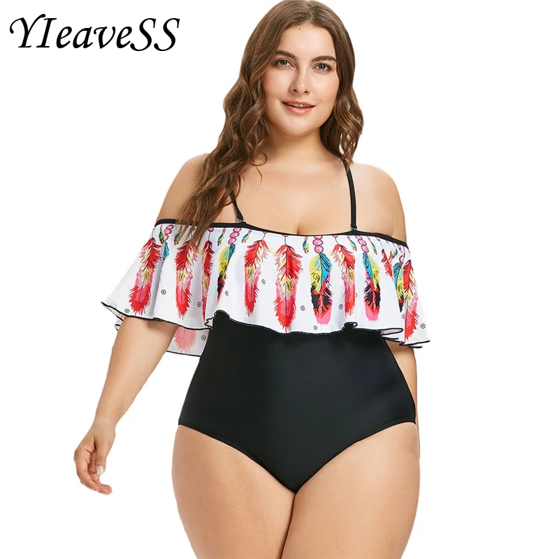 Сексуальный плюс размер с открытыми плечами слитный купальник для женщин с рюшами перо Печатные Купальники большого размера Монокини купальные костюмы
