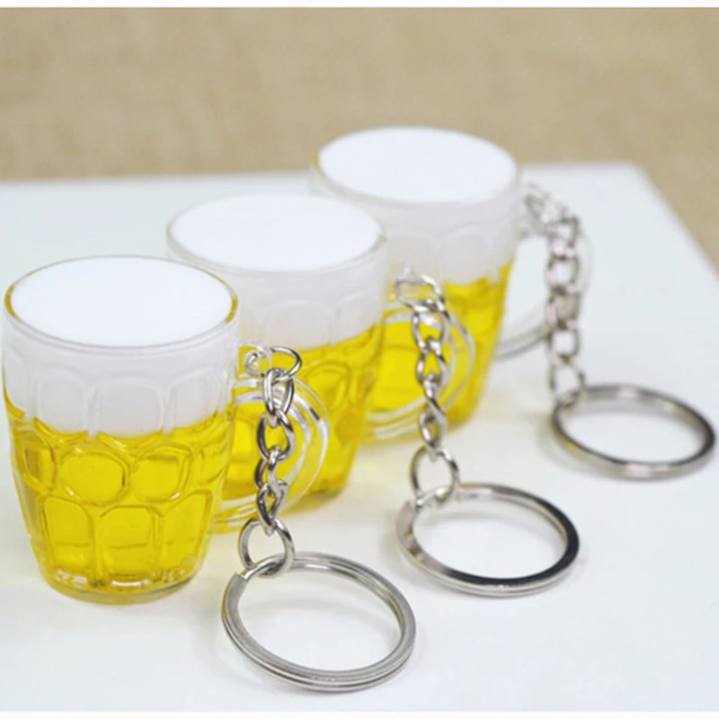 Qevila Hot Women Men Resin Beer Cups Simulation Food Handicraft Key Chain For Car Bag Key Rings Pendant Jewelr (2)