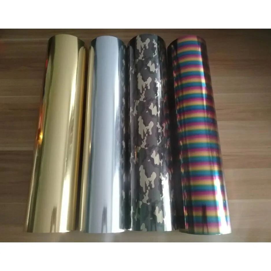 

Free shipping 1 sheet 25cmx50cm Metallic & Laser Heat Transfer Vinyl Camouflage Rainbow Iron on Film HTV T-shirt