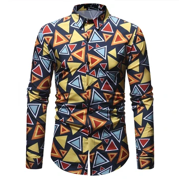 

Men Shirt 2018 Fashion Colorful 3D Geometric Print Hawaiian Shirt Men Long Sleeve Dress Shirt Mens Casual Button Down Shirts 3XL