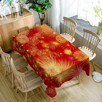 

3d Colorful Christmas Fireworks Tablecloth Red New Year Table Cloth Polyester Cotton Dustproof Rectangular Dining Table Cover
