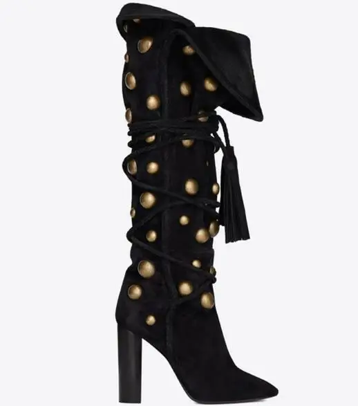 Rodilla Calentamiento Marca Remaches La Nueva De Talones Botas Moda Invierno Fold Borla Chunky Toe Fringe Mujeres Punta As Picture Encaje Largas 6ZttwqYd