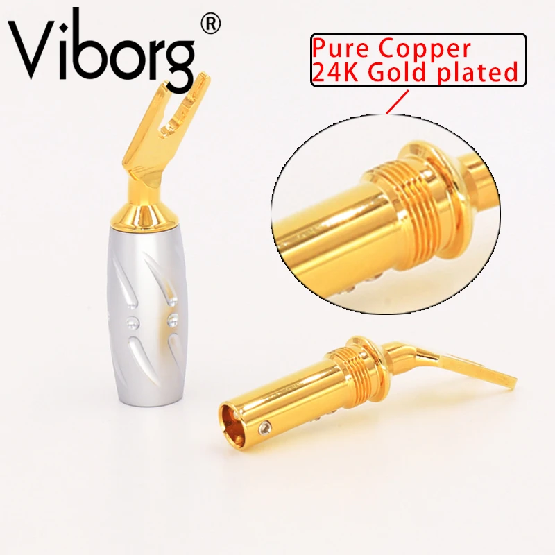 

4x Viborg Audio High Performance Pure Red Copper Spade Plug Gold Plated Spade Fork Banana Plug Screw Locking Banana Connector