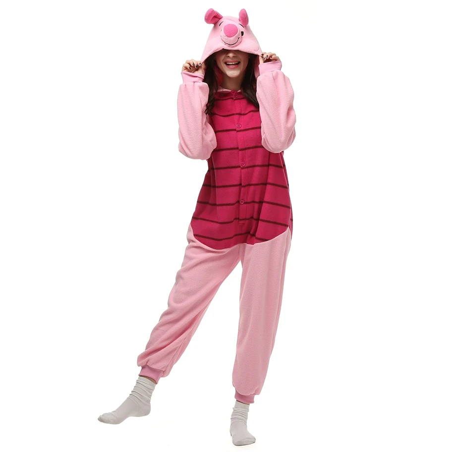 2017 Cute Kawaii Fleece Hoodie Pink Piglet Pajamas Onesie For Adults Women Animal Pijama Hombre Winter Sleepwear LTY108