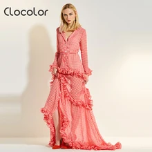 

Clocolor women dress Petal floor falbala turn down collar pink plaid v neck plus size ruffle 2018 fashion sweet women maxi dress