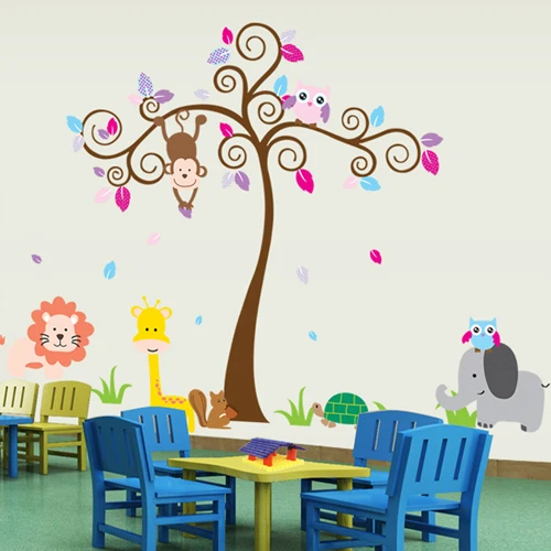 1 مجموعة 58*75 inch للإزالة pvc الشارات الكرتون شجرة مع لطيف البومة الزرافة القرد الحيوانات الاطفال نوم الديكور ملصقات الحائط