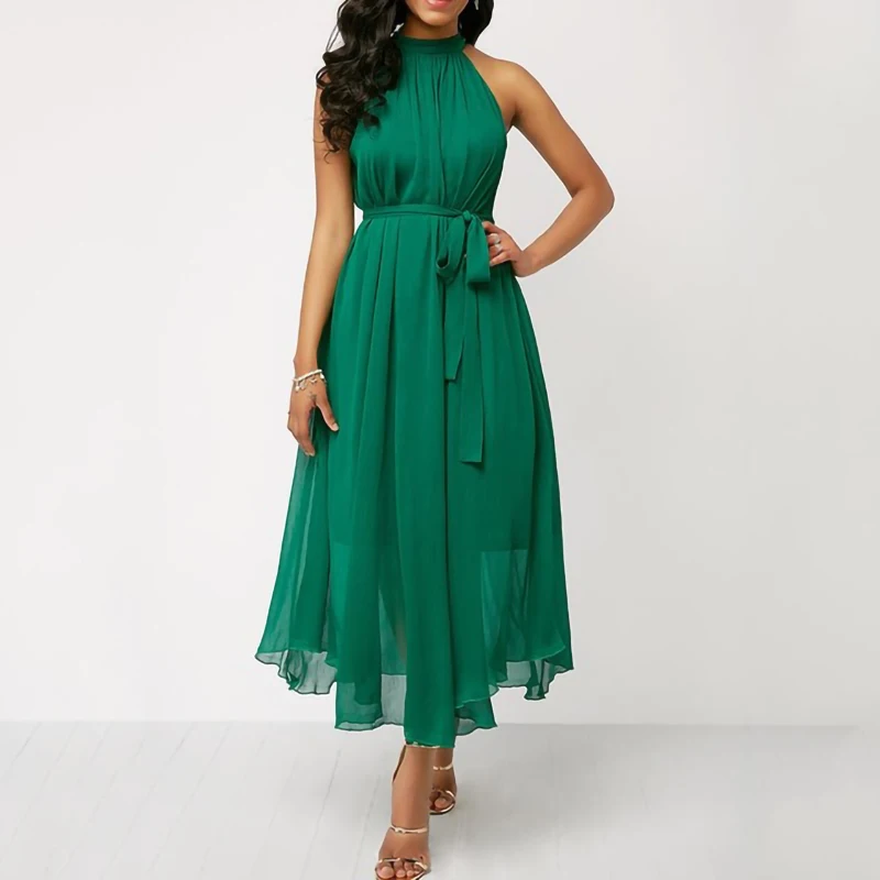 Зеленое платье женское шифоновое летнее платье Холтер на шнуровке без рукавов сексуальное с открытыми плечами элегантное размера плюс женские длинные платья макси