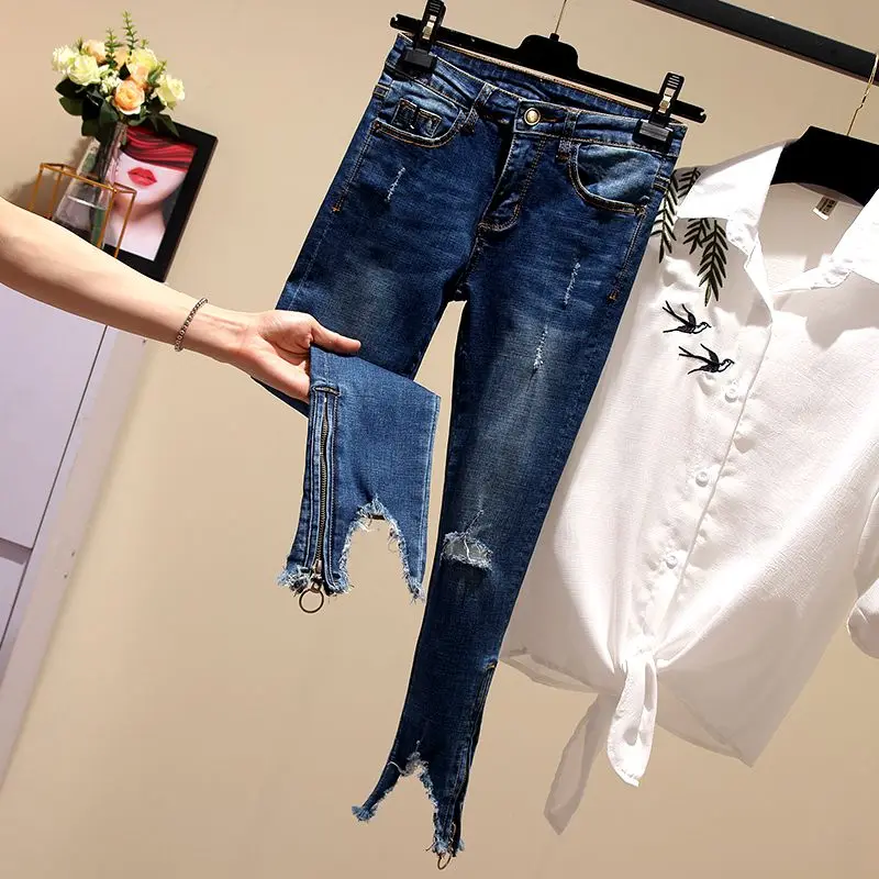 Большие размеры L-4XL! Модные женские туфли обтягивающие джинсы новый сезон: весна–лето Винтаж тонкий карандаш рваные джинсовые, длиной до