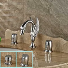 Luxury Brass Swan Shape Basin Faucet Widespread 3 Holes Washbasin Mixer Tap Chrome Finished
