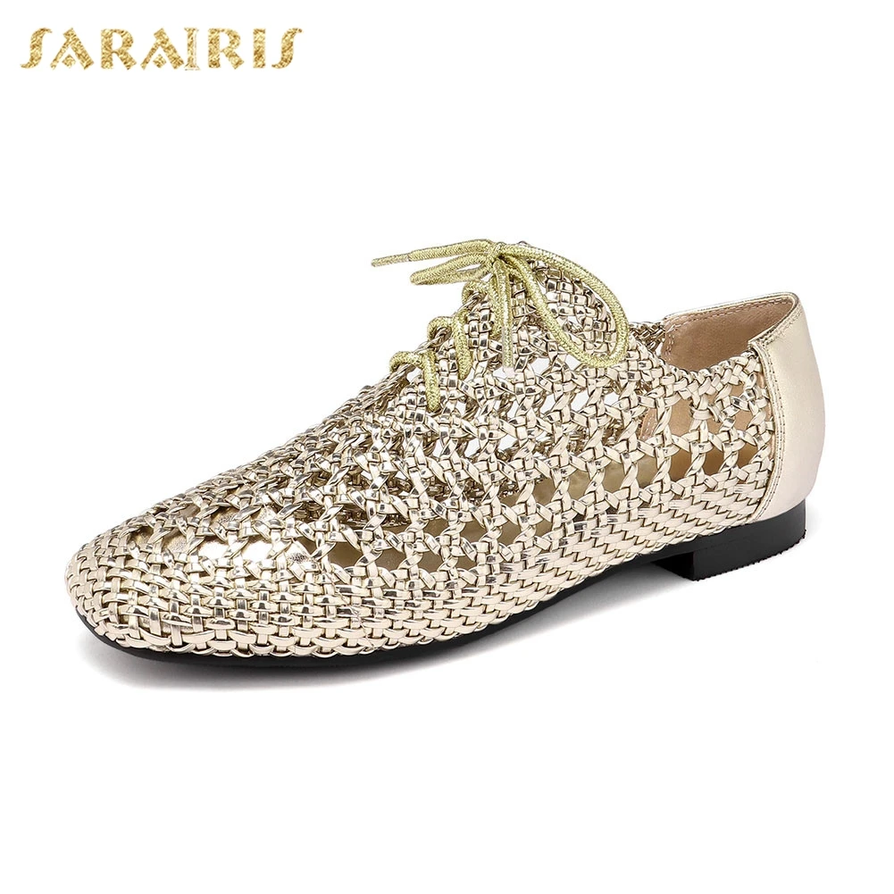 

SARAIRIS Brand New Big Size 33-43 Weave Genuine Leather Lace Up Hollow Shoes Woman Causla Office Summer Autumn Pumps 2019