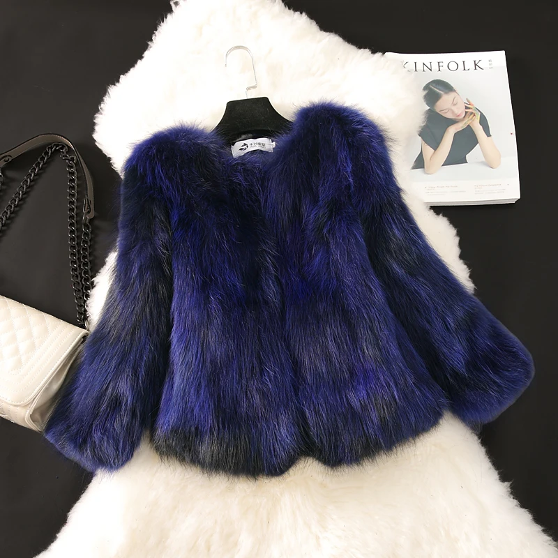 2016 New fashion real raccoon dog fur coat women short slim O neck 3/4