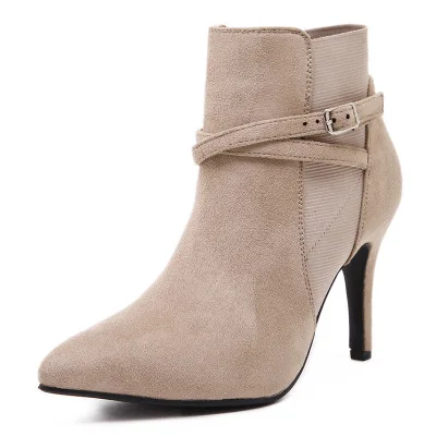 

Matte suede pointed cross buckle with women's shoes color stitching elastic belt high heel stiletto slim ladies boots