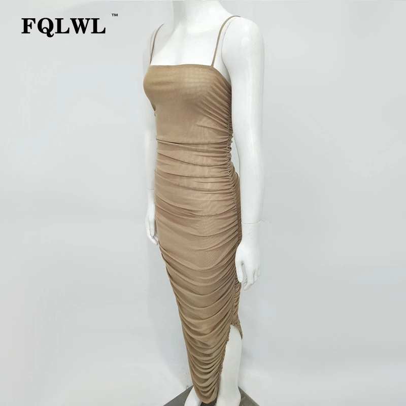 FQLWL, сексуальное Сетчатое женское платье, лето, без бретелек, с открытой спиной, на молнии, с разрезом, Драпированное, макси платье, Клубные, вечерние, с запахом, длинные платья, Vestiods