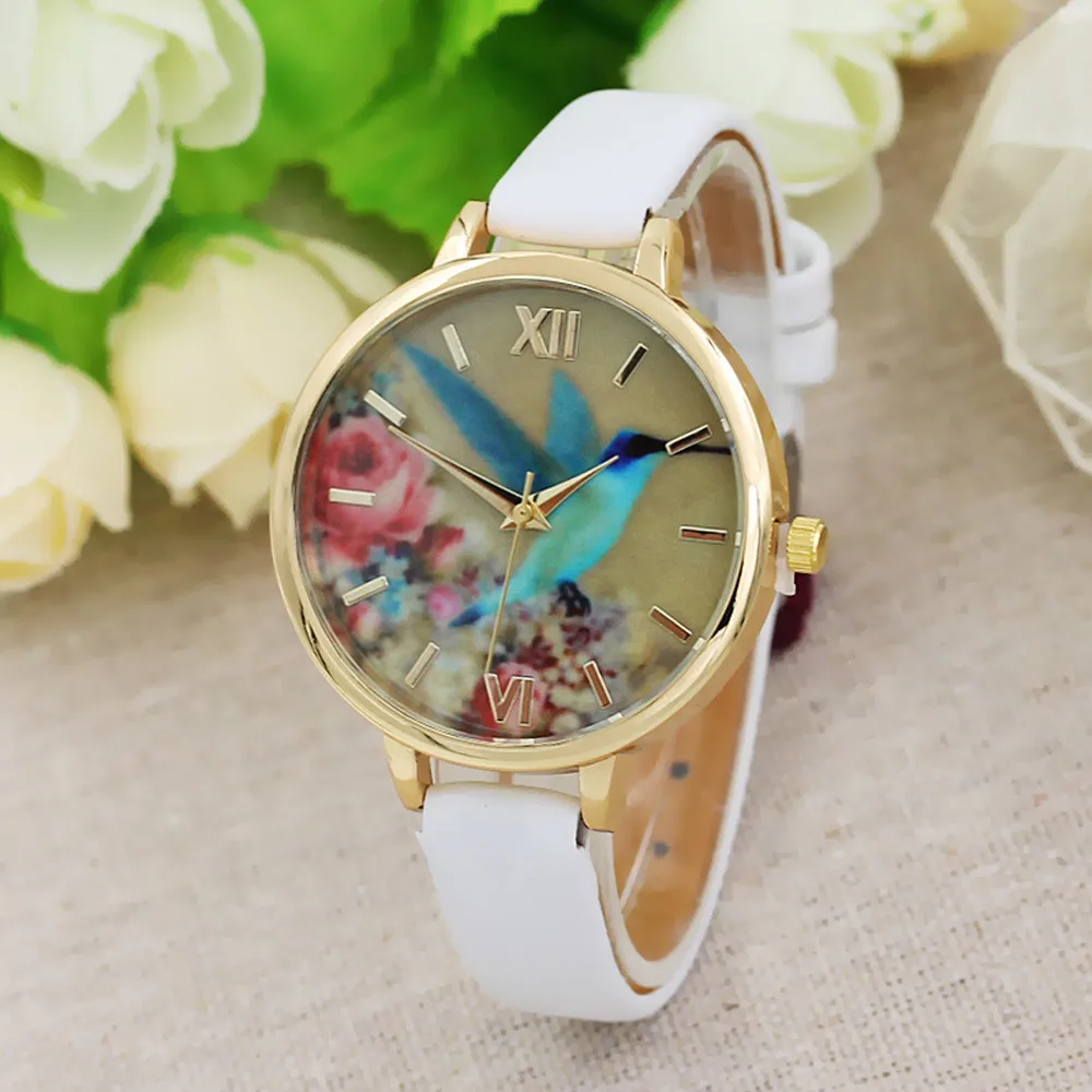 

Women Ladies Watch Fashion Retro Blue Hummingbird Women Leather Band Analog Graceful Quartz Movement Wrist Watch relogios 2019