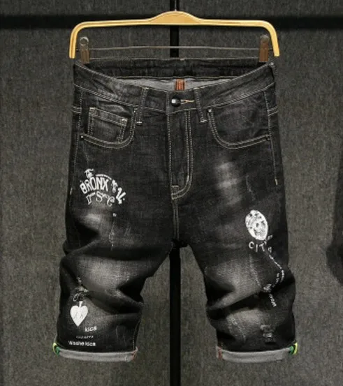 Черные шорты мужские с принтом короткие джинсы Прямые 98% хлопковые шорты джинсовые Бермуды Мужская джинсовая брендовая одежда размер 28-40