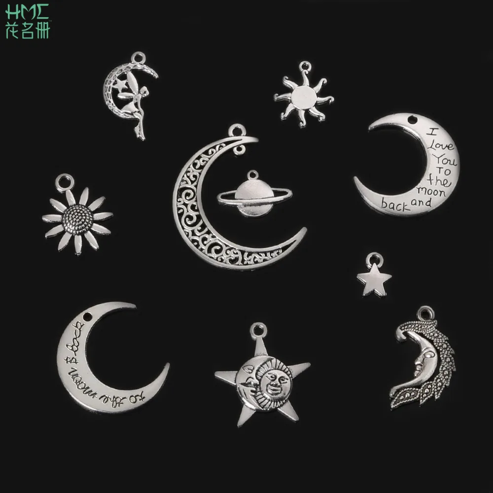 

5~18PCS Mix Sizes 10 Styles Stra/Moon/Sun Shape Antique Silver Plated Zinc Alloy Jewelry Finding DIY Charms Bracelet Pandent