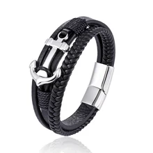 

New fashion multi-layered man stainless steel Genuine leather bracelet ship anchor black coffee lady punk bracelet present