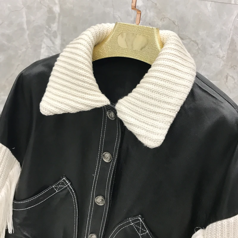 Women's Short SheepskinKnitted Fringe Sleeve Jacket Thin Shorts Leather Set Genuine Leather Jacket  Genuine Leather Jacket