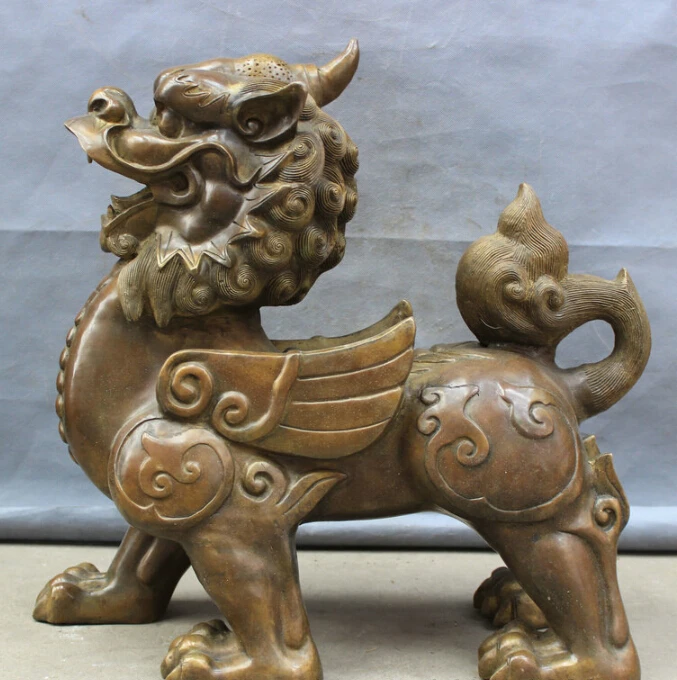 

22" Folk Chinese Bronze Copper Wealth Fly Lion Unicorn PiXiu Statue Animals