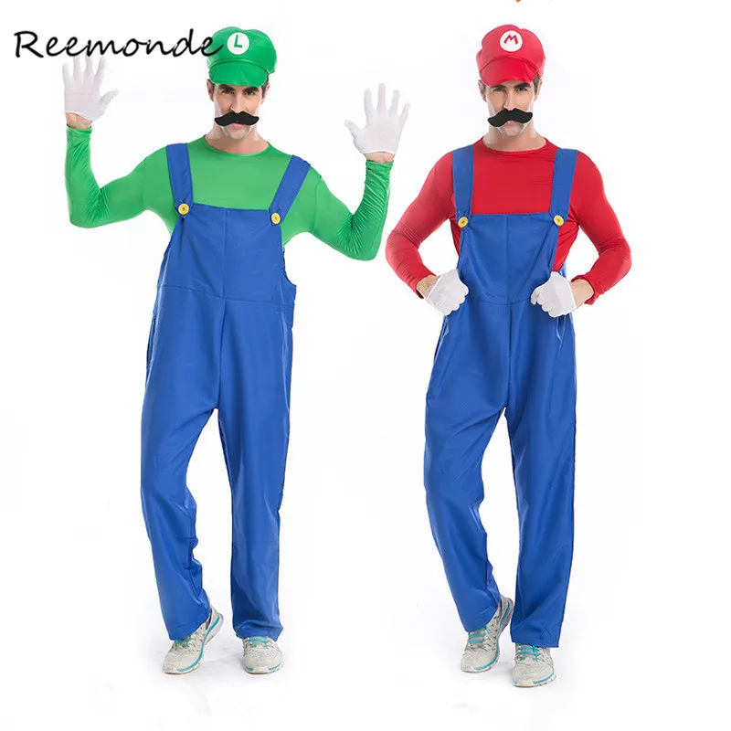 

REEMONDE Adults Funy Super Mario Luigi Brothers Plumber Cosplay Costume For Men Boys Halloween Fancy Dress Party Costumes