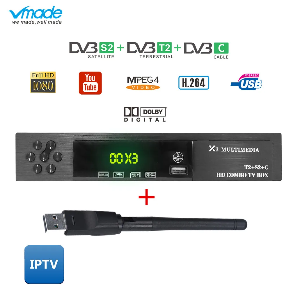 

Vmade X3 DVB-T2 S2 DVB-C 3 in 1 Combo HD Digital Terrestrial Satellite Receiver WIFI Support AC3 Cccam Youtube Biss IPTV TV Box