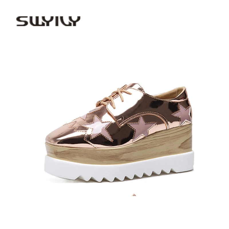 

SWYIVY Women's Sneakers Star Platform Casual Shoes 2018 Spring Thick Bottom Female Fashion Shoes Square Toe Wedge Single Shoes