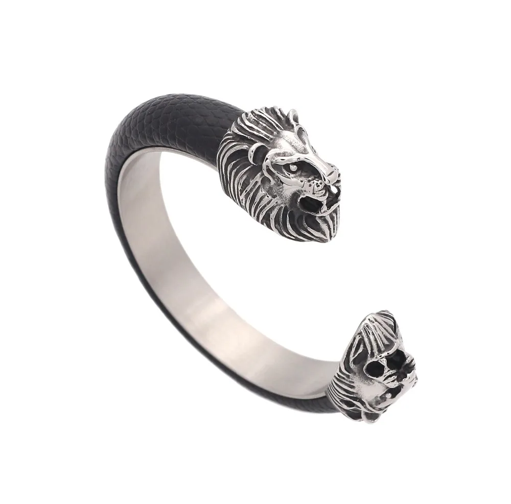 

JSBAO Lion Head Black Genuine Leather Bracelet Men Best Friends Cool Stainless Steel Men's Bracelets & Bangles Accessory