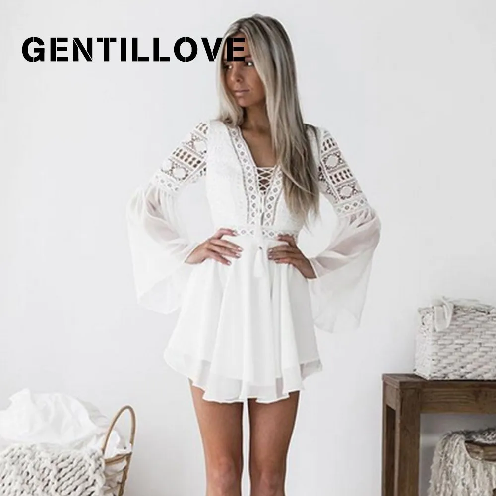 

Women White Lace Dress Elegant Hollow Out V Neck Cross Lace Up Mini Sexy Dress Casual Short A-Line Dress Vintage Dress