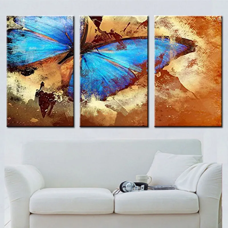 

Handpainted Abstract Animal Oil Paintings Home Decor Wall Art Living Room Pictures 3 Panel Big Blue Butterfly Canvas Painting