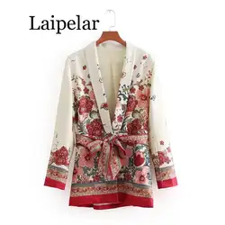 Laipelar Для женщин Винтаж Ретро Красный Цветочный принт кимоно куртка Женская талии пояса с бантом верхняя одежда для бизнес на каждый день Slim