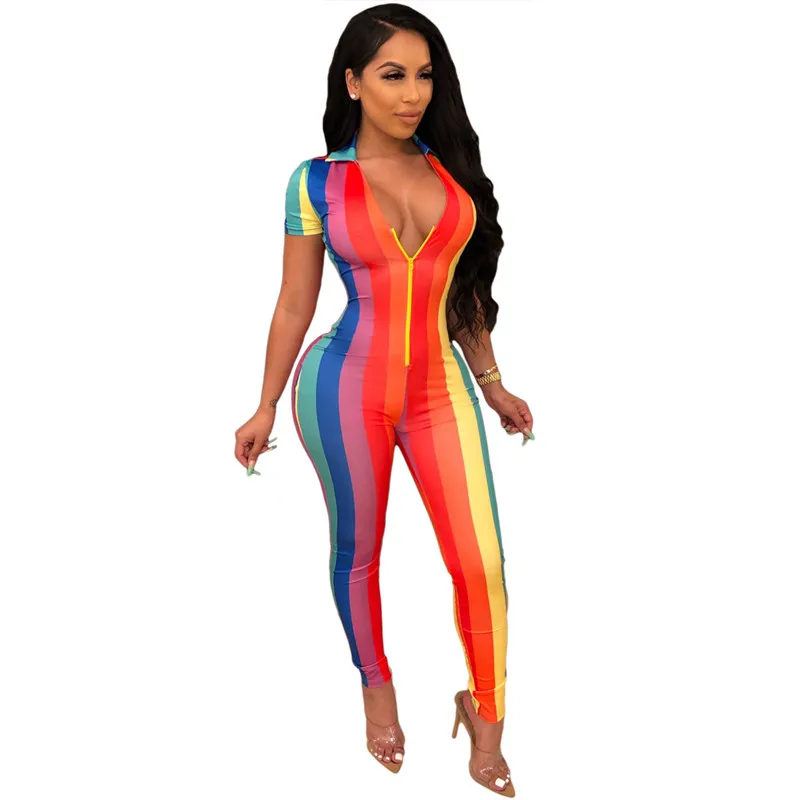 

Women Striped Printed Skinny Bodycon Jumpsuit Sexy Summer Short Sleeve Front Zipper V Neck One Piece Jumpsuit Party Overalls