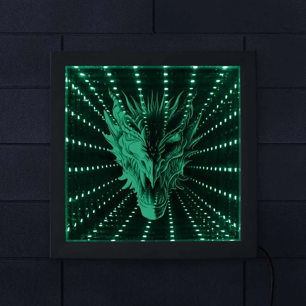 Mythical Beast Dragon Head LED Infinity Mirror Frame Gothic Stunning Optical Illusion Color Change Lighting Wood |