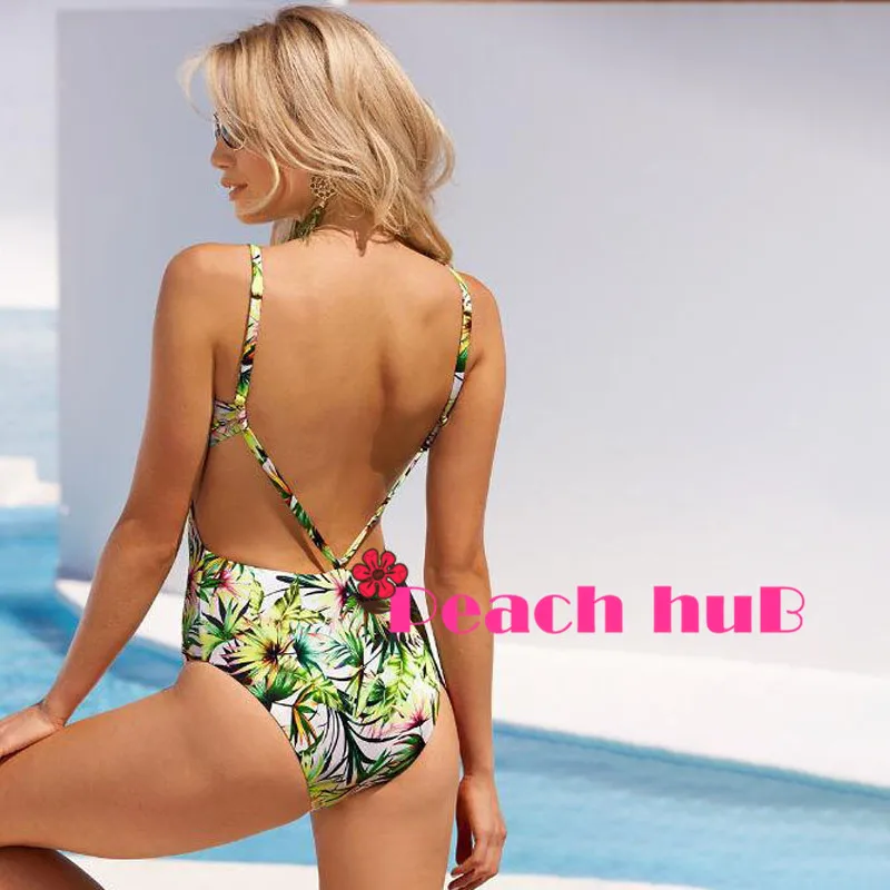 Girl Swimming One Piece High Cut Monokini Print Floral Swim Suits Backless Swimwear Push Up Trikini Bathing Suit (2)