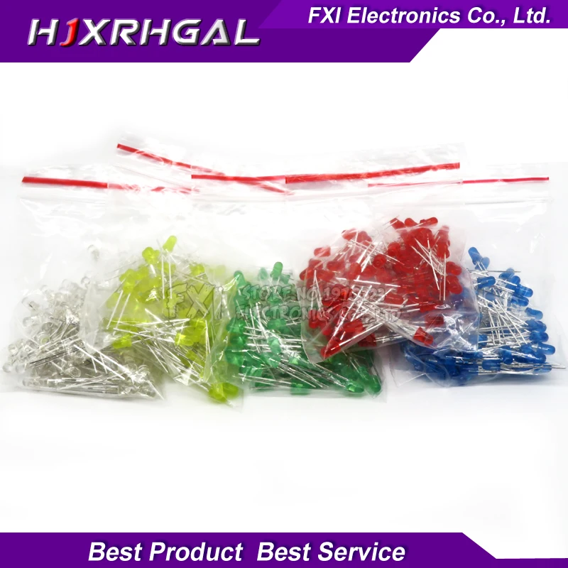 

500Pcs 3MM LED Diode Kit Mixed Color Red Green Yellow Blue White