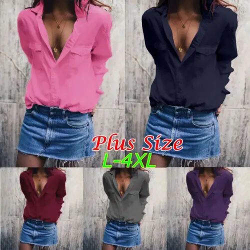 

2019 Women's Blouse Ladies Loose Long Sleeve Solid V-Neck Casual Tops Pockets Cotton Linen Hot Sell Plus Size Shirts L-4XL