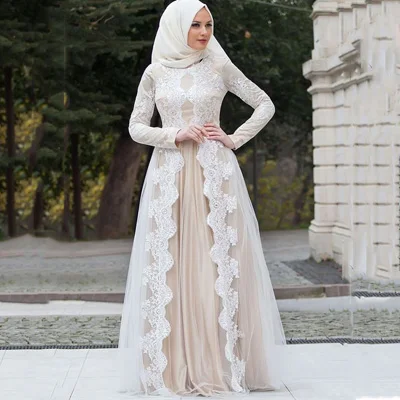 Современные кружевные Длинные рукава в пол мусульманские женские вечерние платья Длинные свадебные женские Макси-платья мусульманские женские длинные официальные платья - Цвет: Белый