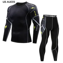 Осенне-зимний фитнес Быстросохнущий компрессионный комплект термобелья стрейч анти-микробный теплый топ и леггинсы