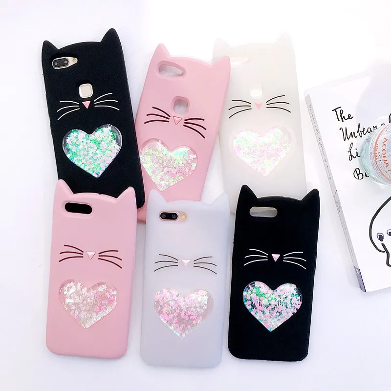 Cute cat pattern Heart shaped quicksand soft tpu silicone case for iphone 5 6 7 8 plus X Xs max Xr coque glitter shining cover |