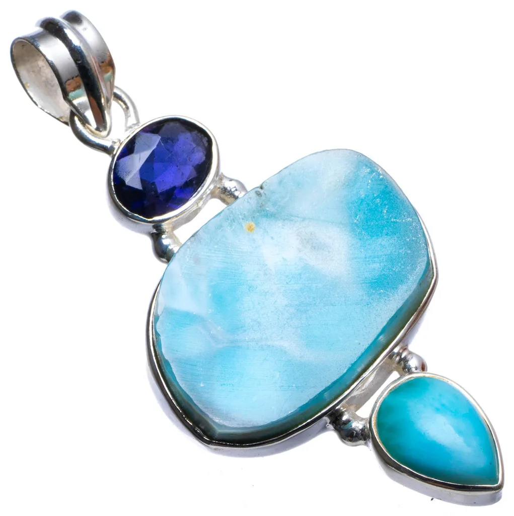 

Natural Caribbean Larimar and Iolite Handmade Unique 925 Sterling Silver Pendant 2" X1310