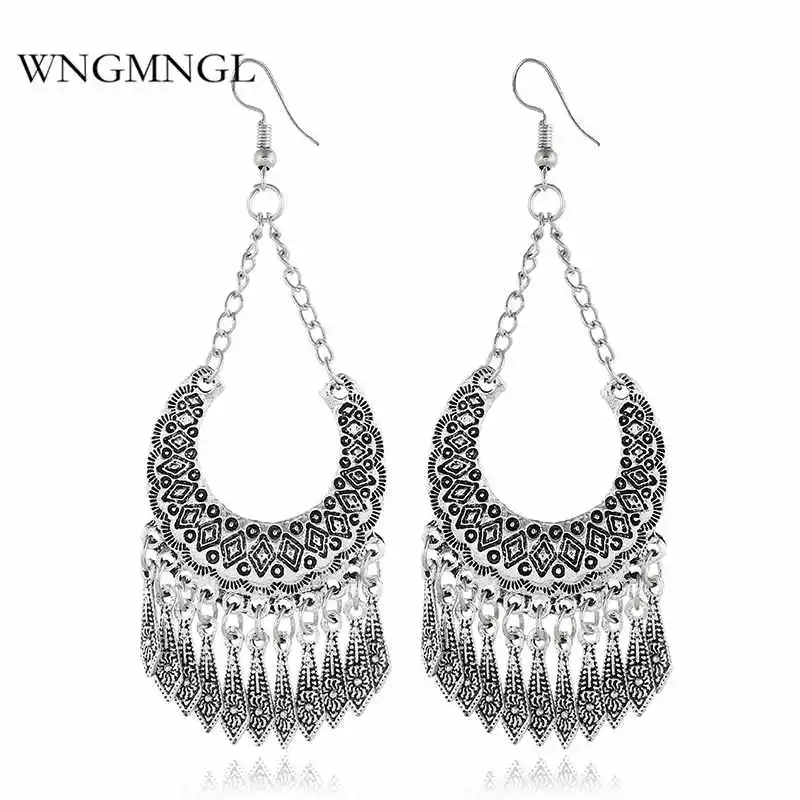 

WNGMNGL New Fashion Antique Sliver Color Tassel Earrings Vintage Geometric Statement Drop Dangle Earrings For Women Jewelry Gift