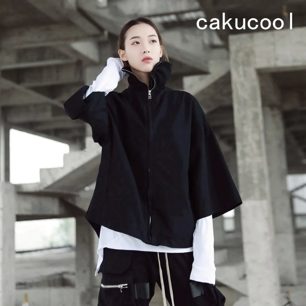 Cakucool New Women Solid Black Jackets Flare Three Quarter Sleeve Zipper Outerwear Turtleneck Casual Design Overcoat Jacket Lady