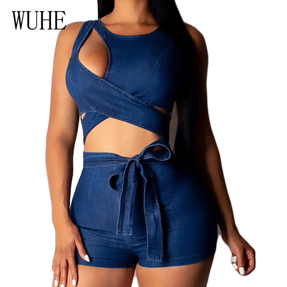 

WUHE Sleeveless Bandage Bodycon Jumpsuits Summer Sexy Hollow Out Lace Up Short Bodysuits Women Casual Informal Playsuits Mono