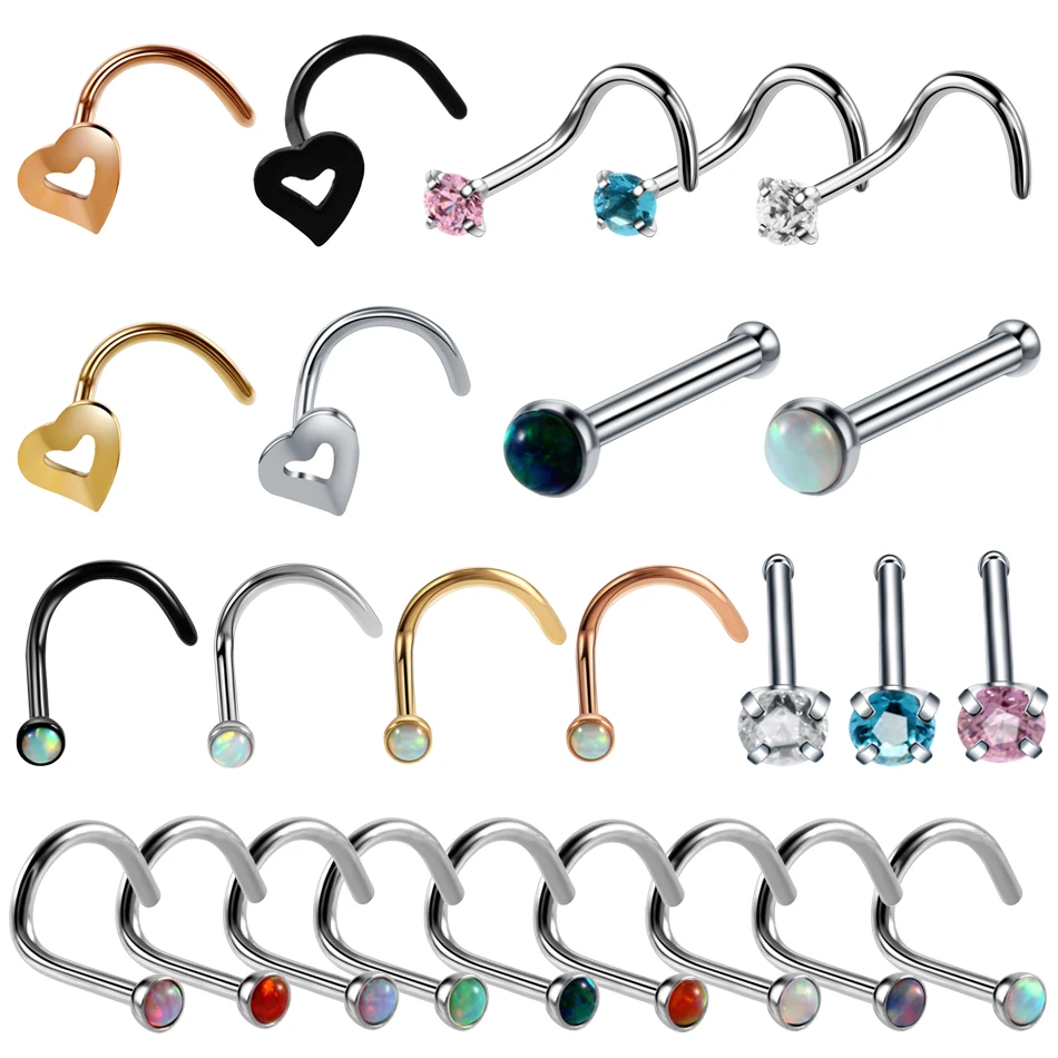 1PC Steel Nose Rings Nostril Earrings Piercings Opal Nose Pin