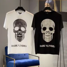 Высокое качество новая брендовая мужская одежда с черепом и бриллиантами летняя хлопковая модная крутая футболка с круглым вырезом и принтом черепа с коротким рукавом