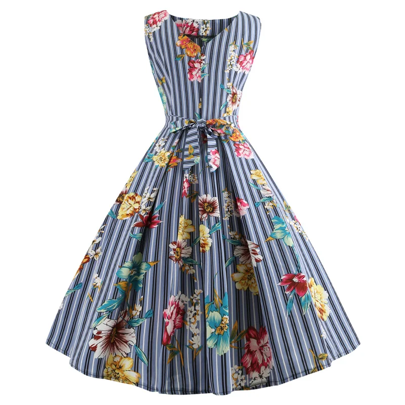 Kostlich 2018 Summer Hepburn Vintage Dress V-Neck Floral Print Dresses Women Big Swing Dress Plus Size S-2XL With Sashes Bow (4)