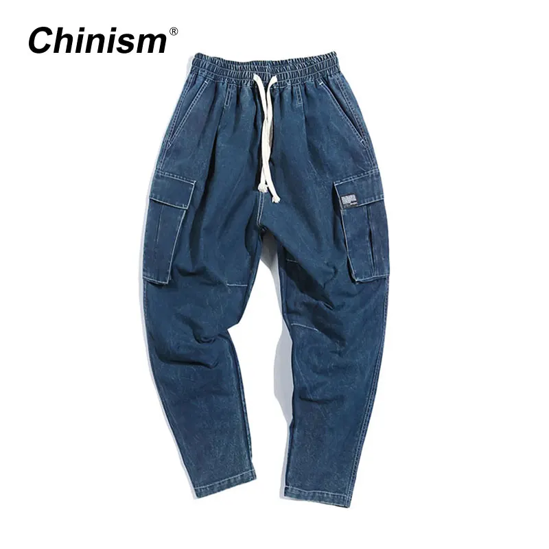 CHINISM Navy Blue Distressed Cargo Pants Mens Loose